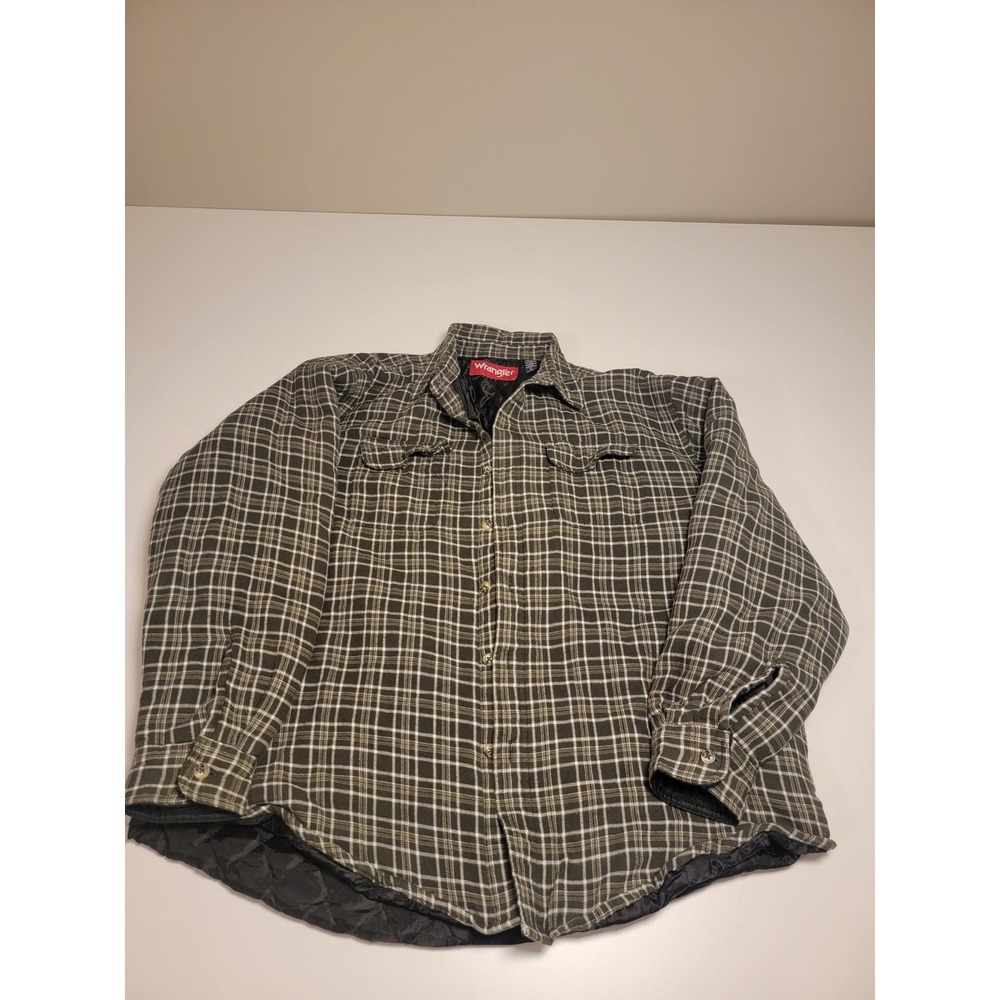 Wrangler Mens XL Quilted Lined Flannel Shirt Jacket Green Plaid Button Up Work